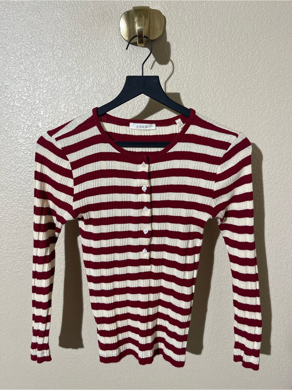 DOEN Red & Cream Striped Ribbed Button-Up Top size XS